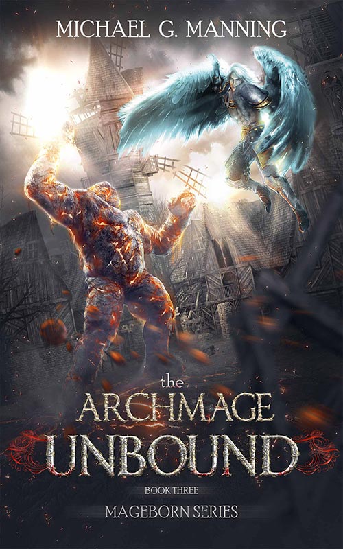 A golem of stone and magma fights against a winged angel.