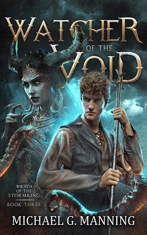 A wizard with his staff stands in the foreground, a fiendish woman with tentacles looms in the background.