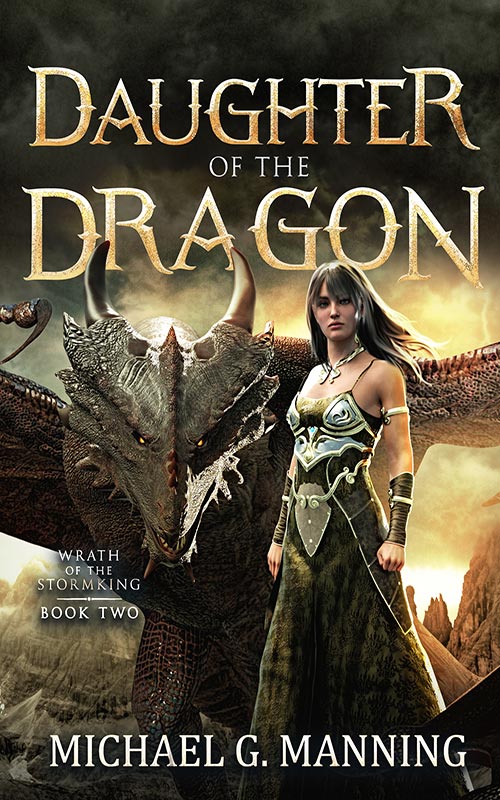 A fierce looking wizardess stands beside a massive dragon.