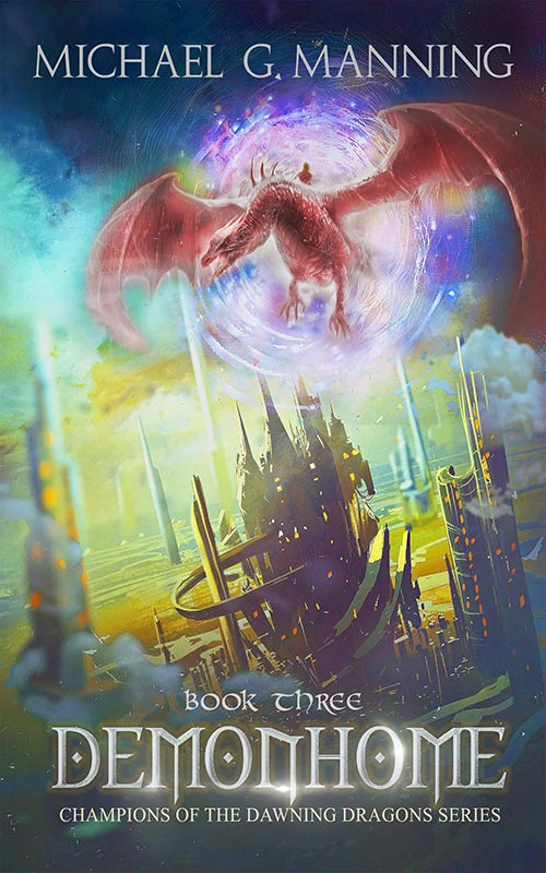 A dragon flies through a portal into a strange world.