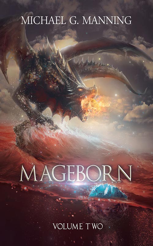 A dragon breathes fire above a red sea.