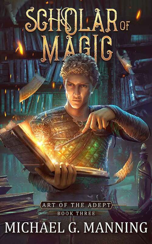 A wizard using a spell book and wand.