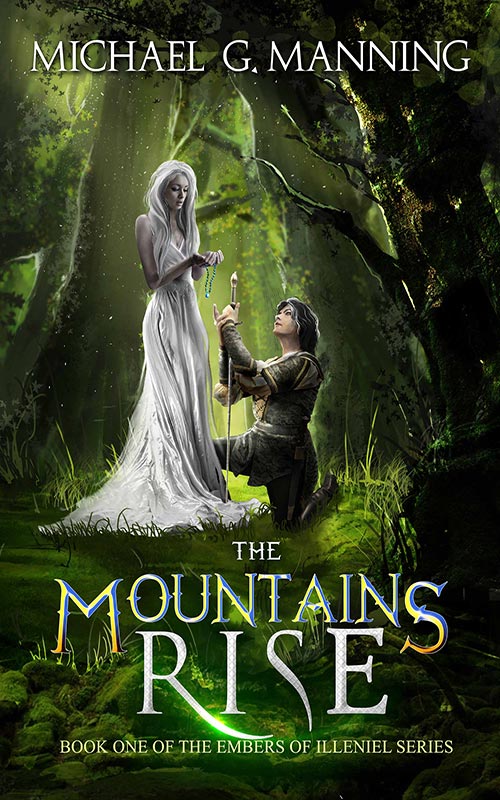 An ethereal woman in a white dress stands over a man pledging loyalty to her.