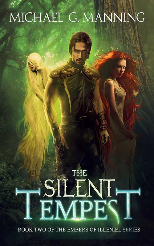 A sinister looking man stands with two beautiful women behind him, one with red hair and the other with white hair.