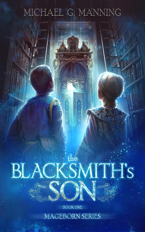 Two boys stare at a mysterious door in a library.