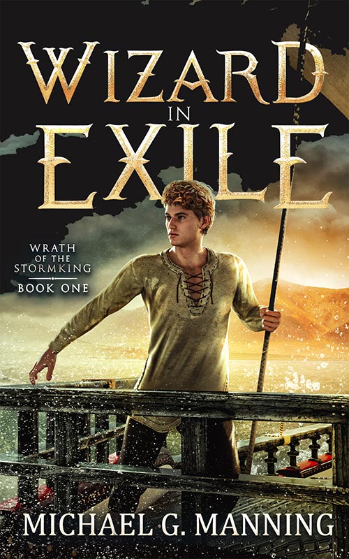 A young wizard stands on a ship with his staff in hand.